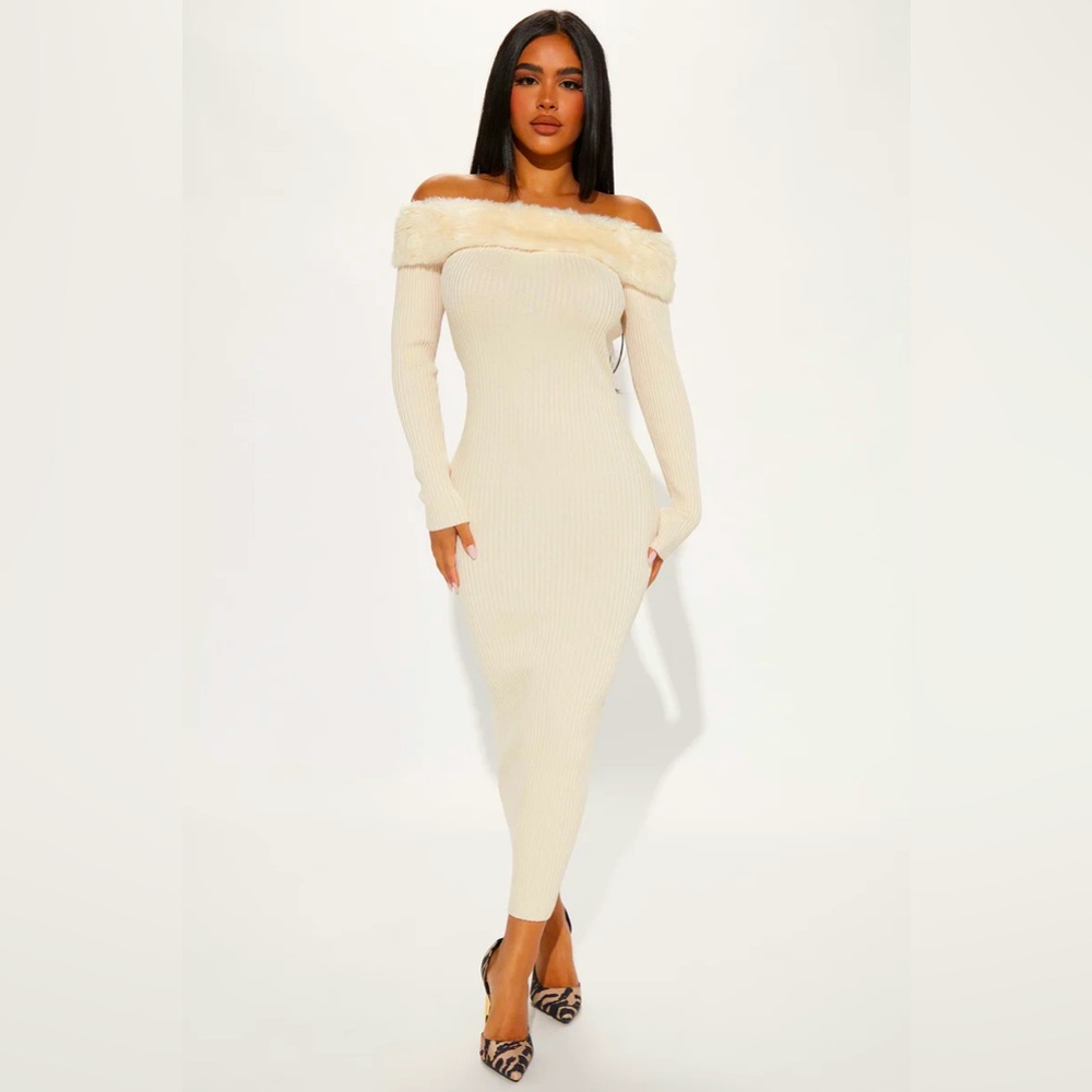 Fashion Nova Faux Fur Off The Shoulder Bodycon Maxi Dress